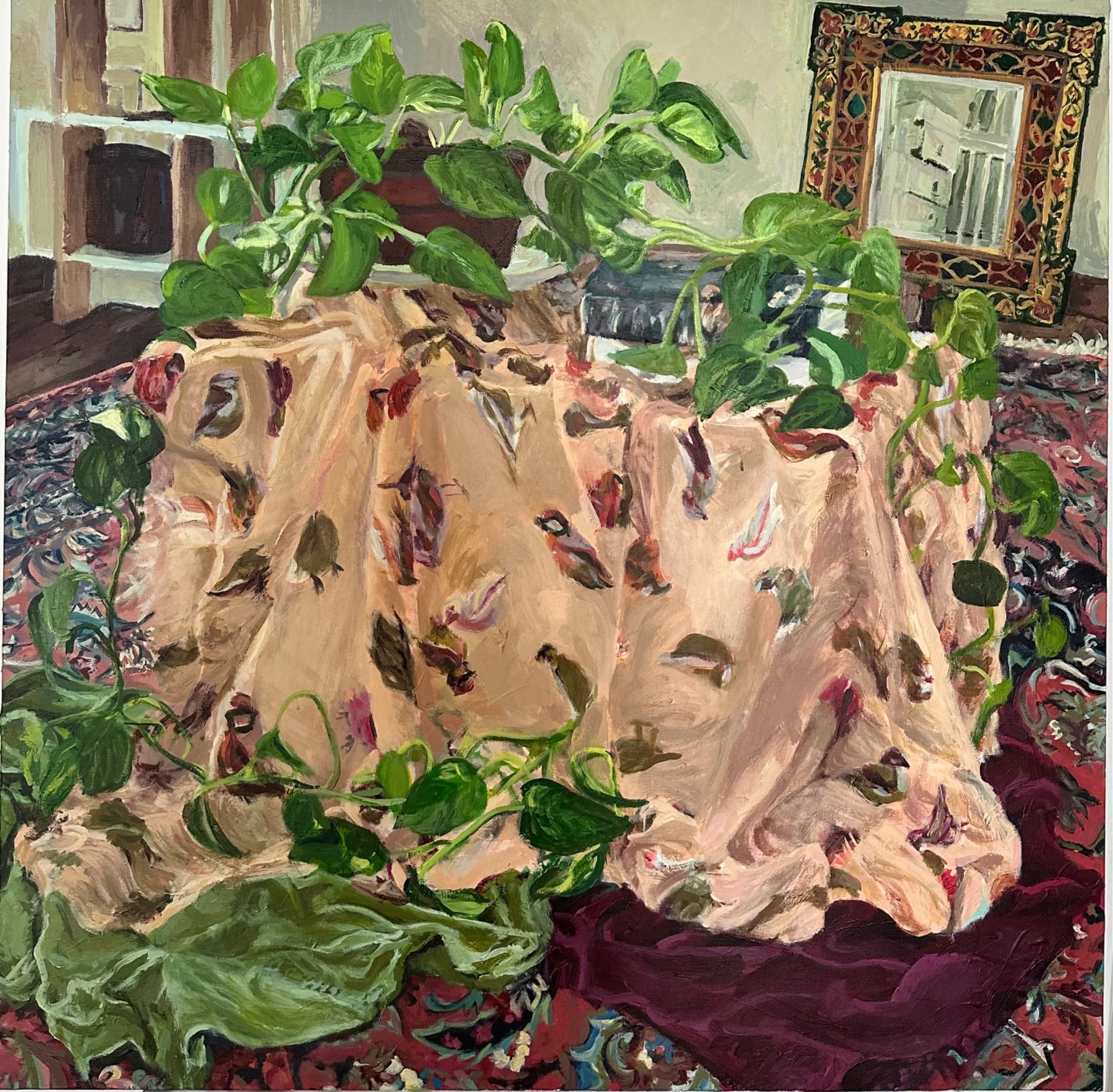 The big photos and orange scarf